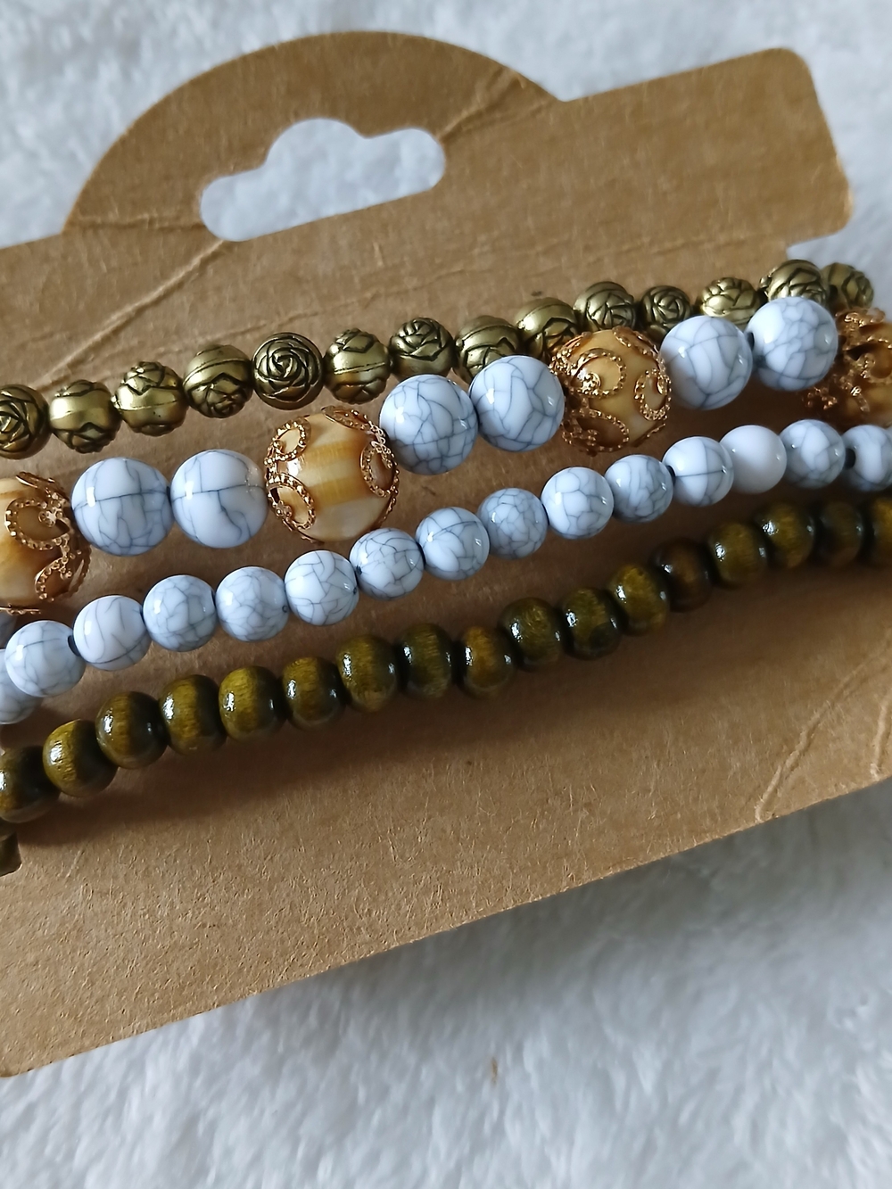Wood Beaded Stackable 4 Pc Bracelet Set - Heart Charm, Tree, Tassle [Golds] - Picture 3 of 4